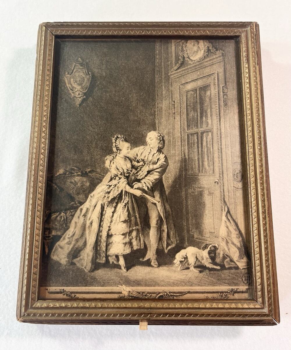 Antique Wooden Jewelry Box With Rococo Print